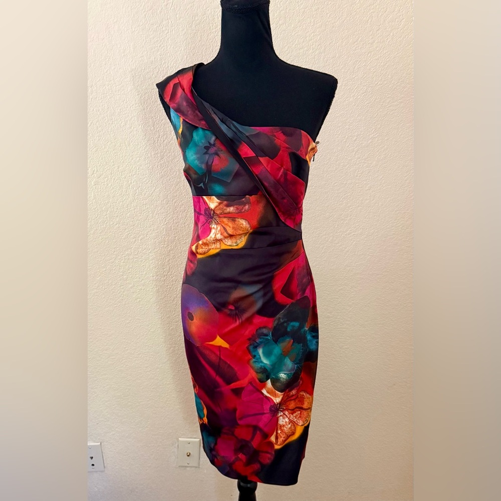 Karen Millen Multi-Color Tropical Floral One Shoulder Cocktail Dress Size 6